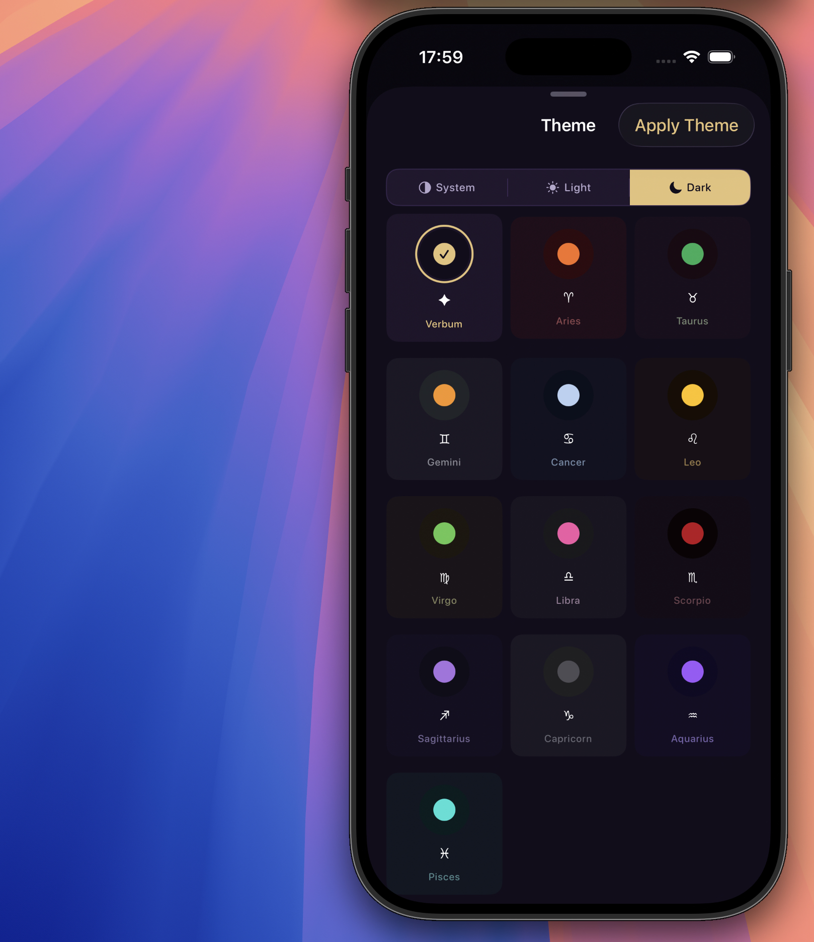 Caldera theme selection screen